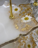 میوه خوری پایه دار رزینی طرح گل بابونه طبیعی سفید و طلایی