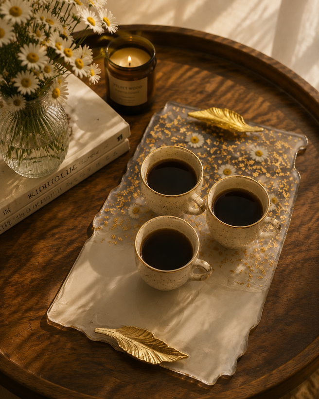 1. سینی رزینی دستساز گل طبیعی و ورق طلا | سینی پذیرایی لوکس
