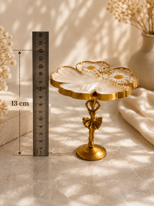 شکلاتخوری رزینی پایهدار طرح گل با گل طبیعی و ورق طلایی/نقره ای | دستساز لوکس