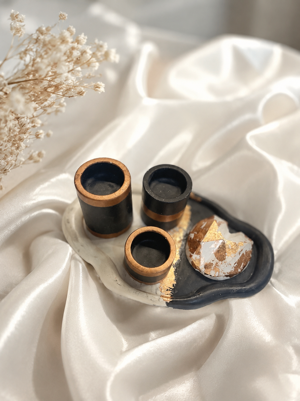 ست جاشمعی، جاعودی و سینی سنگی دستساز مشکی و طلایی